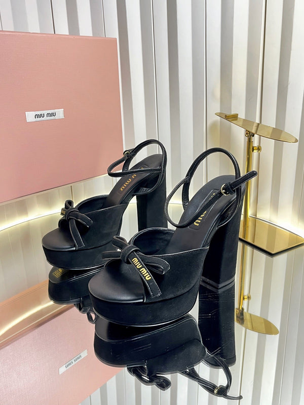 Miu 26s Platform Ankle Strap Sandals 120mm In Black Suede With Bow