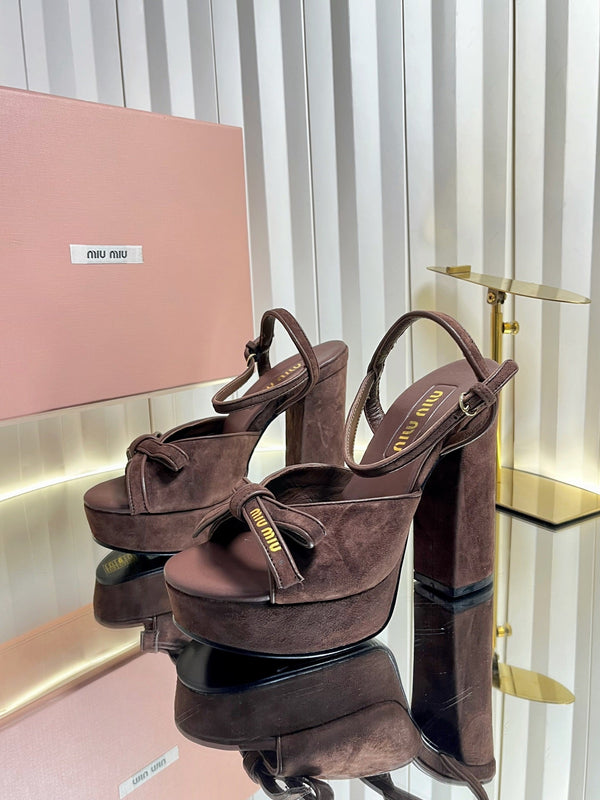 Miu 26s Platform Ankle Strap Sandals 120mm In Dark Brown Suede With Bow