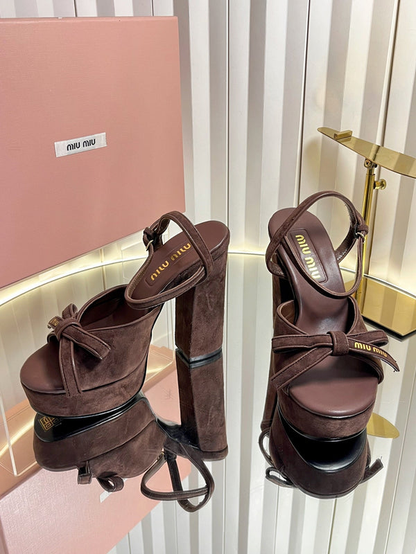 Miu 26s Platform Ankle Strap Sandals 120mm In Dark Brown Suede With Bow
