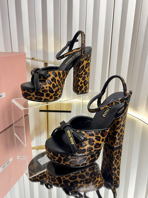 Miu 26s Platform Ankle Strap Sandals 120mm In Leopard Print Calf Hair With Bow