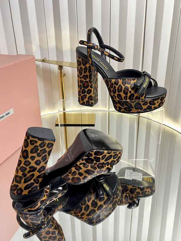 Miu 26s Platform Ankle Strap Sandals 120mm In Leopard Print Calf Hair With Bow
