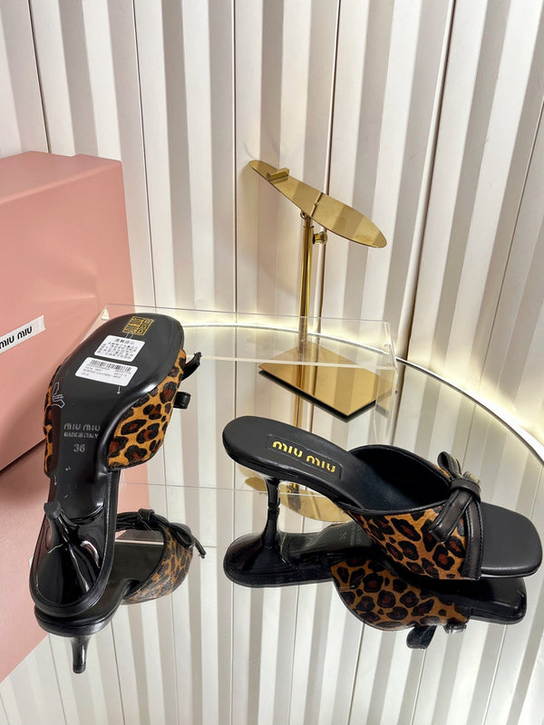 Miu 26s Mule Sandals 55mm In Leopard Print Calf Hair With Bow