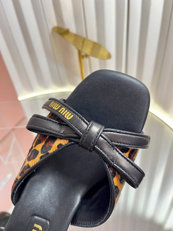 Miu 26s Mule Sandals 55mm In Leopard Print Calf Hair With Bow