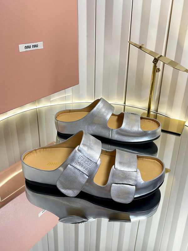 Miu 26s Double-Strap Slides In Sliver Calfskin