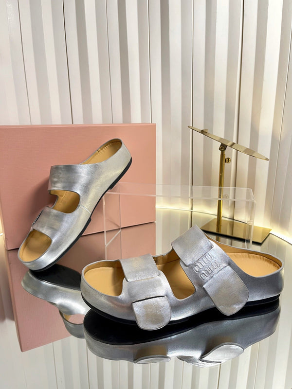 Miu 26s Double-Strap Slides In Sliver Calfskin
