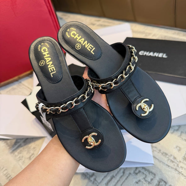 CC 25SS Thong Sandal 2cm Leather Chain Black Lambskin 319700