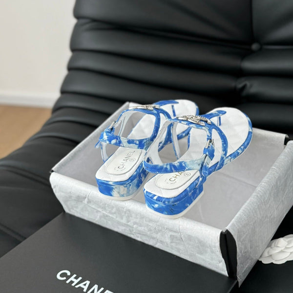 Double C Classic One-Strap Sandals White Navy Blue Lambskin