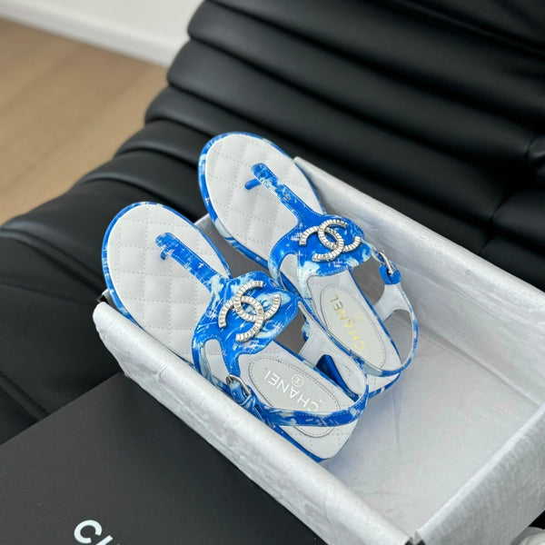 Double C Classic One-Strap Sandals White Navy Blue Lambskin