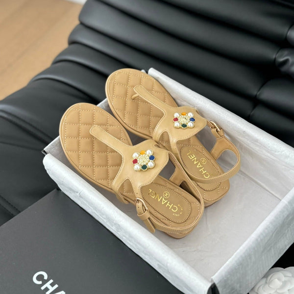 Double C Classic One-Strap Sandals Tan Brown Lambskin