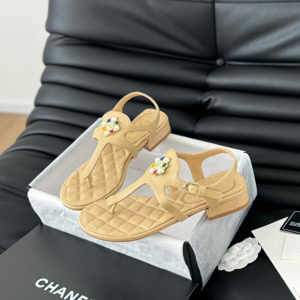 Double C Classic One-Strap Sandals Tan Brown Lambskin