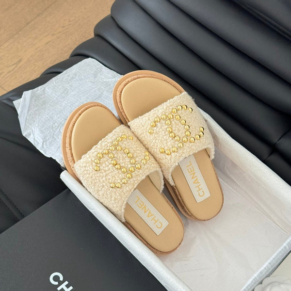 Slippers Platform Lambskin Beige Cream
