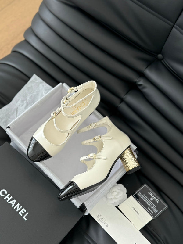 CC MARY JANE SHOES THREE STRAPS IN WHITE MIX BLACK LAMBSKIN