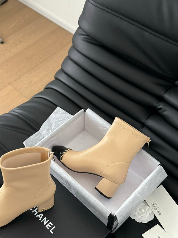 CC Ankle Boot Beige Calfskin Black Patent Calfskin