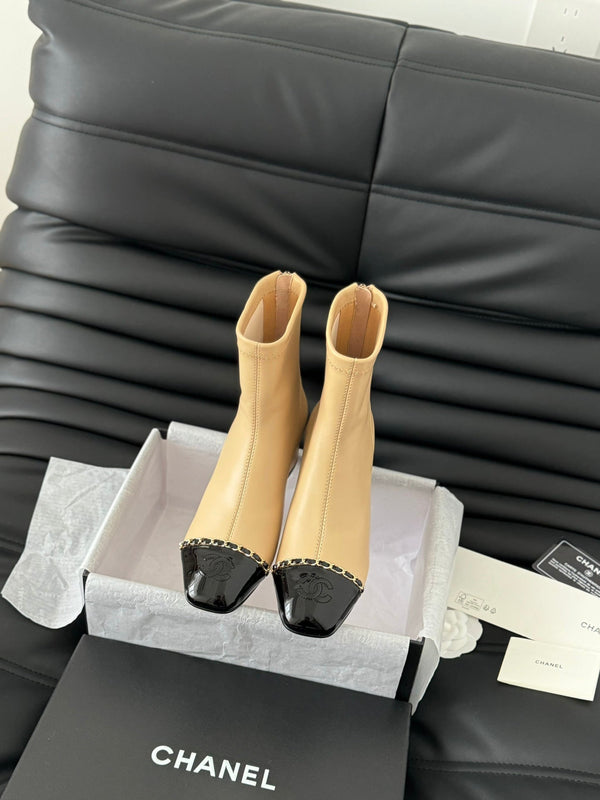 CC Ankle Boot Beige Calfskin Black Patent Calfskin