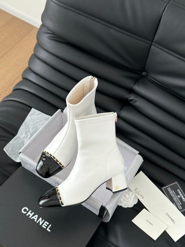 CC Ankle Boot White Calfskin Black Patent Calfskin