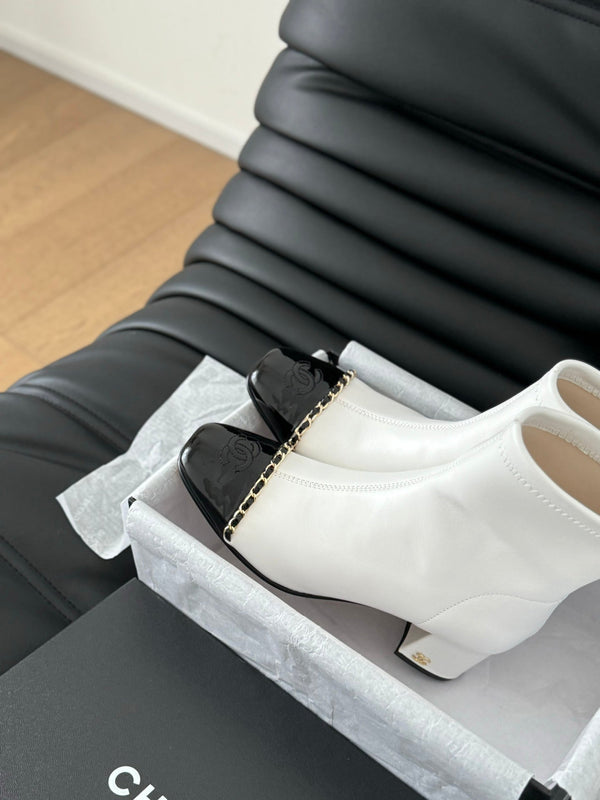 CC Ankle Boot White Calfskin Black Patent Calfskin