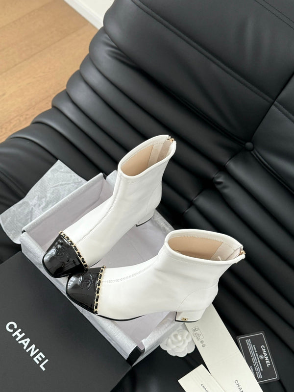 CC Ankle Boot White Calfskin Black Patent Calfskin