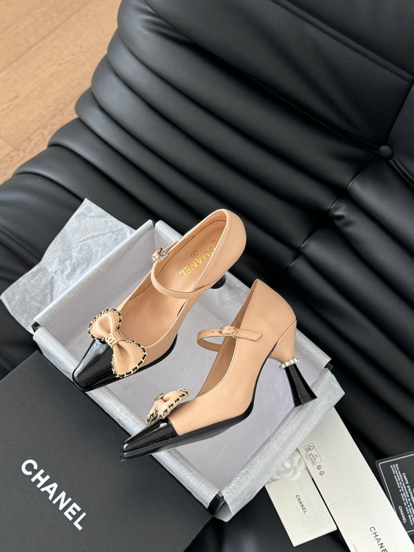 CC POINTED TOE HIGH HEELS IN SEPIA BEIGE MIX BLACK LAMBSKIN GOLD HARDWARE
