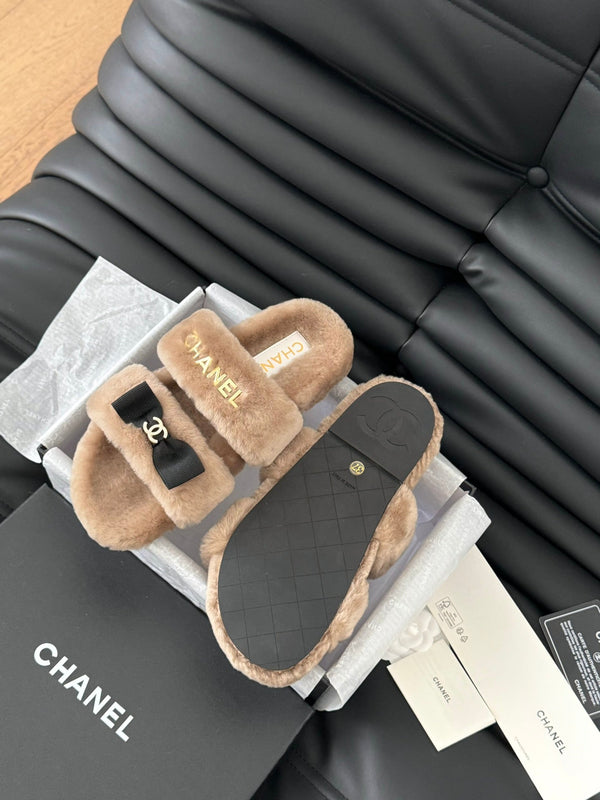 CC DAD SANDAL MULE IN PILE MARRONE CAMMELLO CON FERRAMENTA ORO