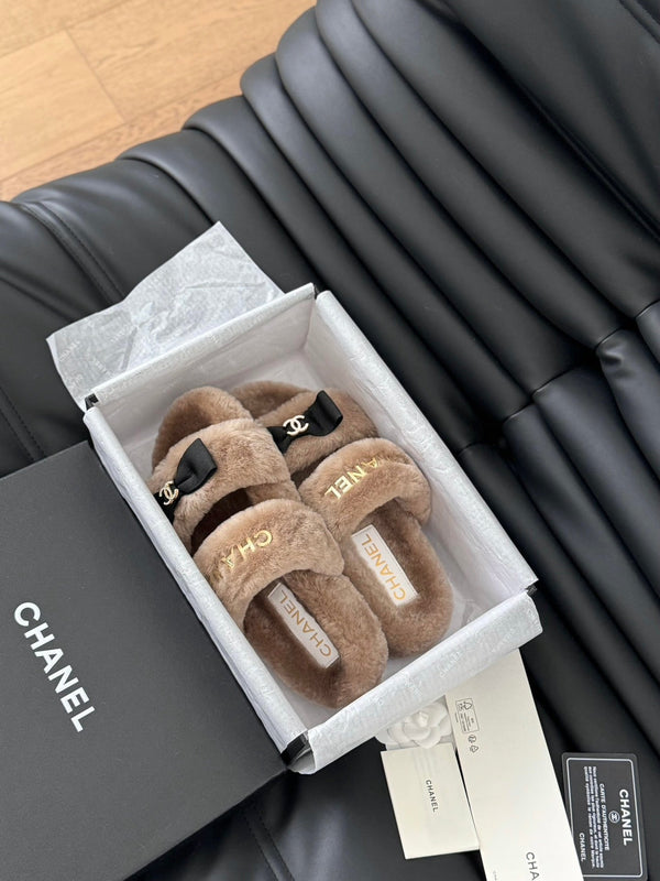 CC DAD SANDAL MULE IN PILE MARRONE CAMMELLO CON FERRAMENTA ORO