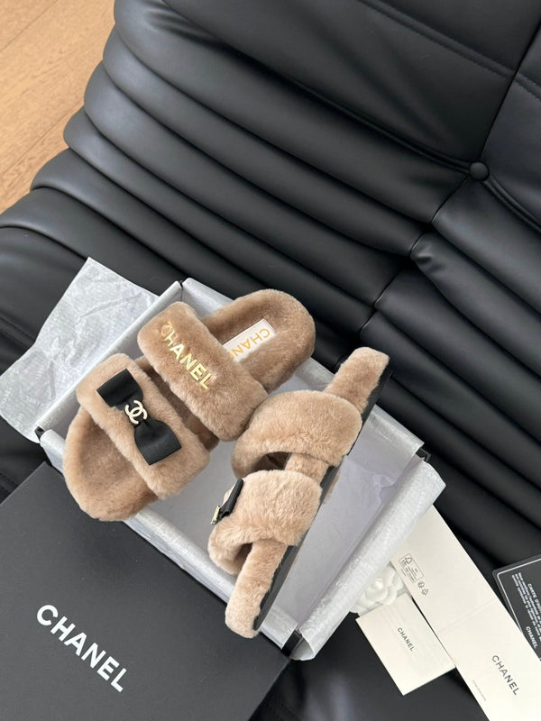 CC DAD SANDAL MULE IN PILE MARRONE CAMMELLO CON FERRAMENTA ORO