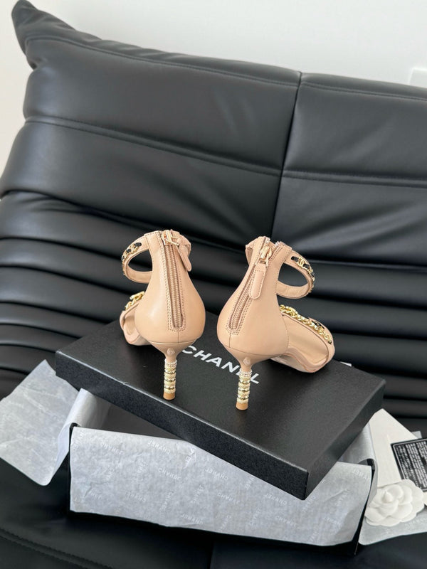 HIGH HEEL 7.5 MM SANDAL IN TAN BEIGE SHEEPSKIN WITH STICKERS