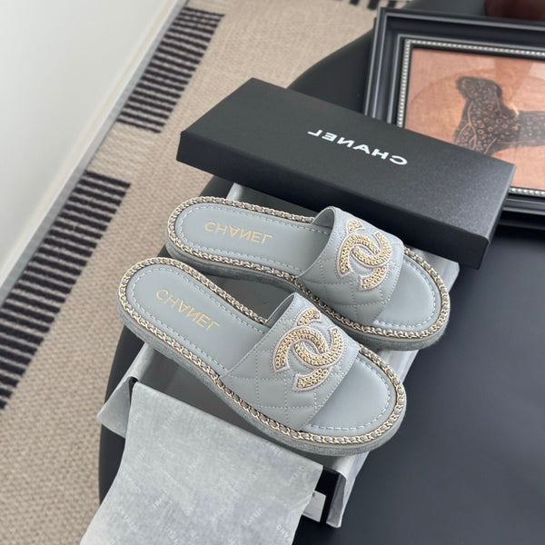 CC Slipper In Beau Blue Calfskin Mix Chain Base