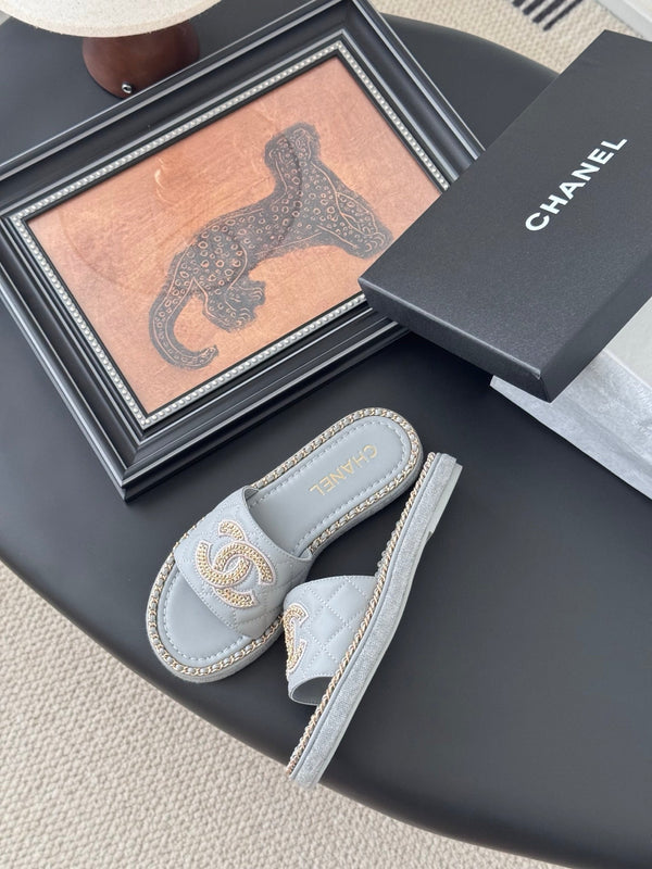 CC Slipper In Beau Blue Calfskin Mix Chain Base