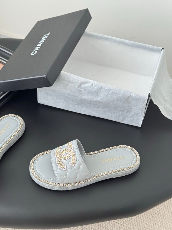CC Slipper In Beau Blue Calfskin Mix Chain Base