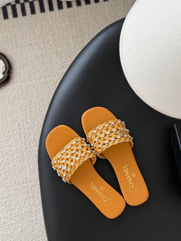 CC 26SS Slipper Tan Brown Woven Lambskin 670627