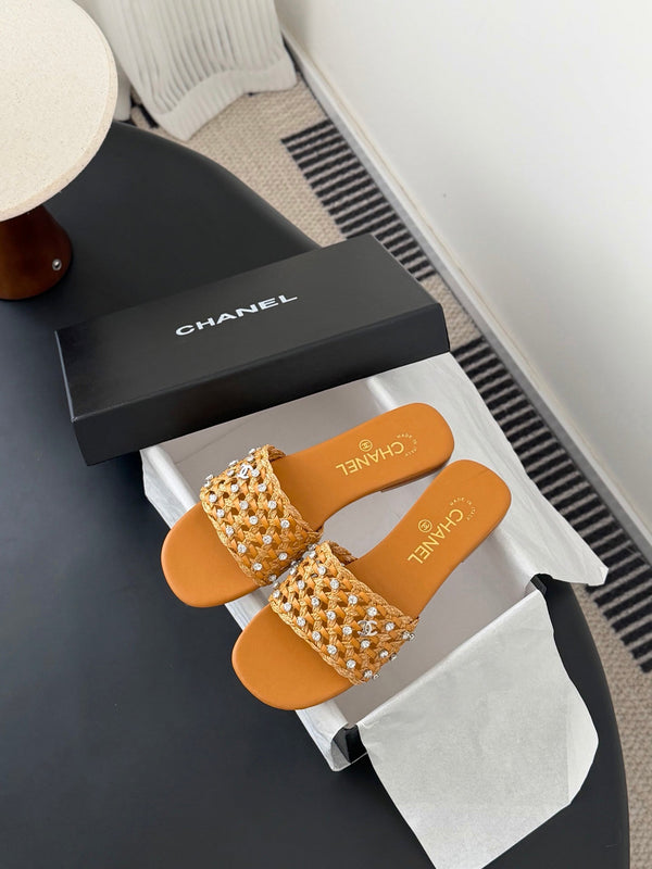 CC 26SS Slipper Tan Brown Woven Lambskin 670627