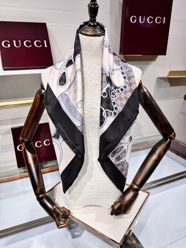 GG Horsebit Scarf 90x90 Black Grey Colorful Silk Twill 203997