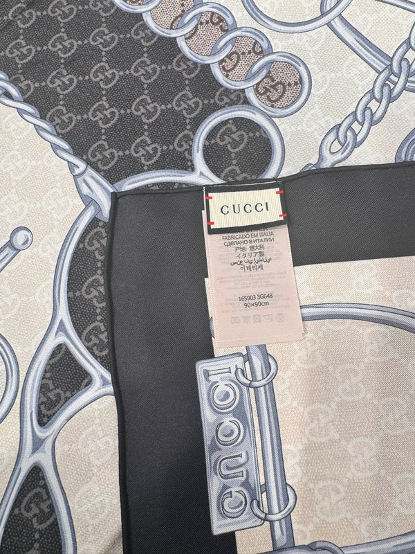 GG Horsebit Scarf 90x90 Black Grey Colorful Silk Twill 203997