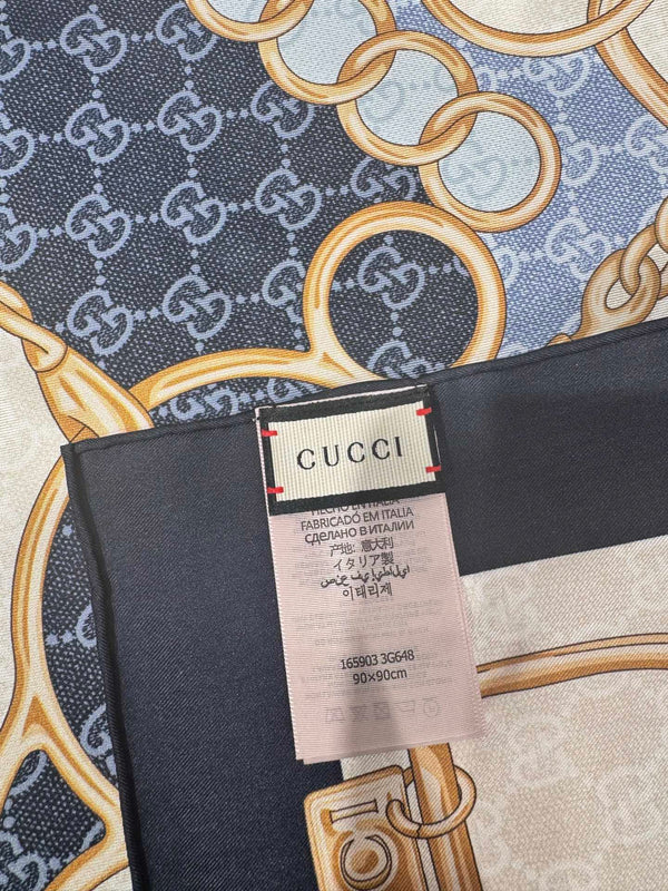 GG Horsebit Scarf 90x90 Black Blue Colorful Silk Twill 204000