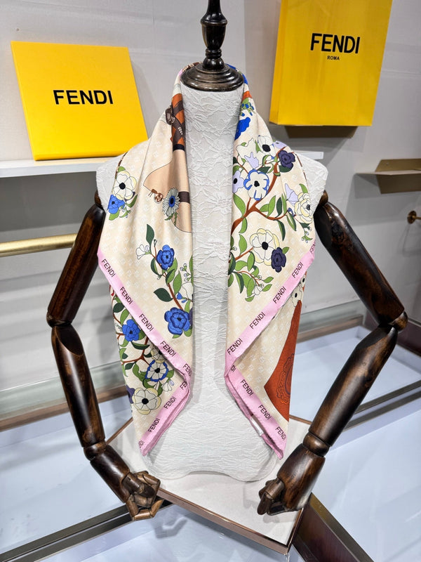 Foulard Fendi Gardening 90x90 Soie Sergée Rose Multicolore 204007