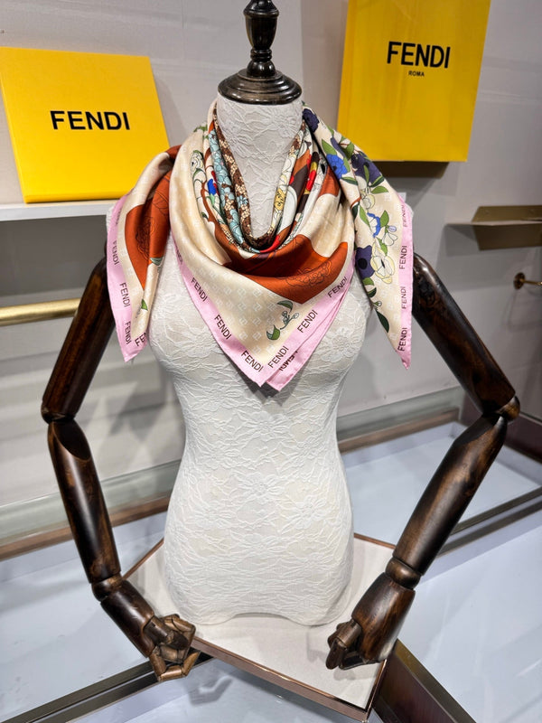 Foulard Fendi Gardening 90x90 Soie Sergée Rose Multicolore 204007