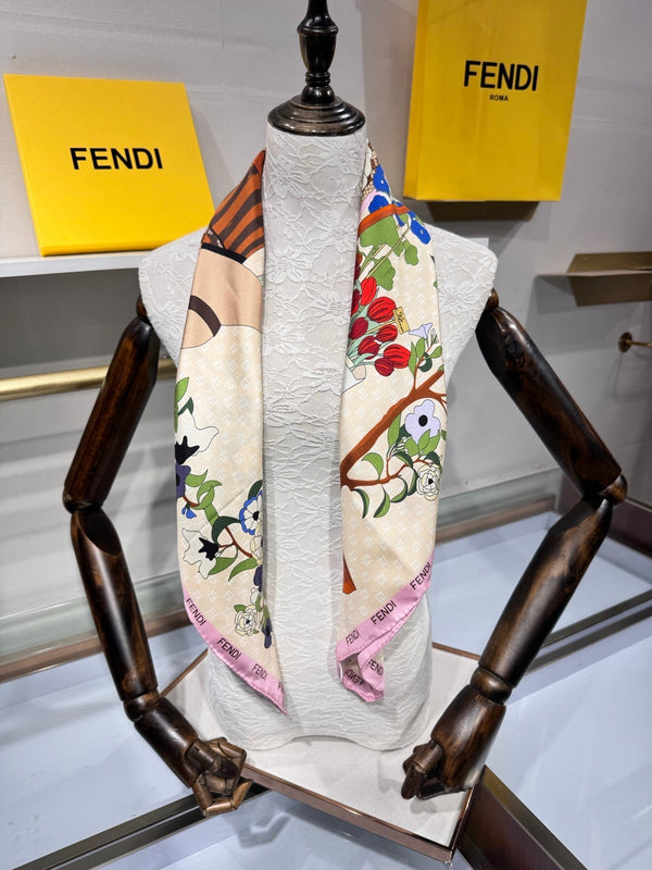 Foulard Fendi Gardening 90x90 Soie Sergée Rose Multicolore 204007