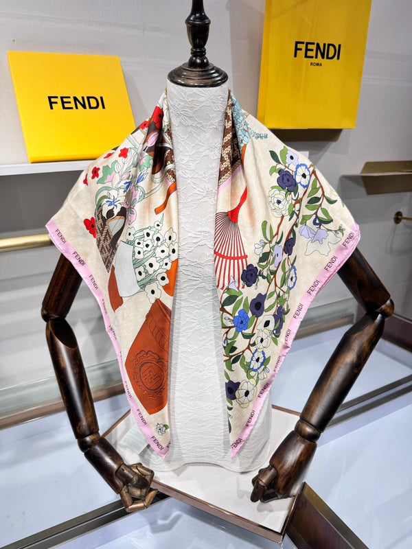 Foulard Fendi Gardening 90x90 Soie Sergée Rose Multicolore 204007