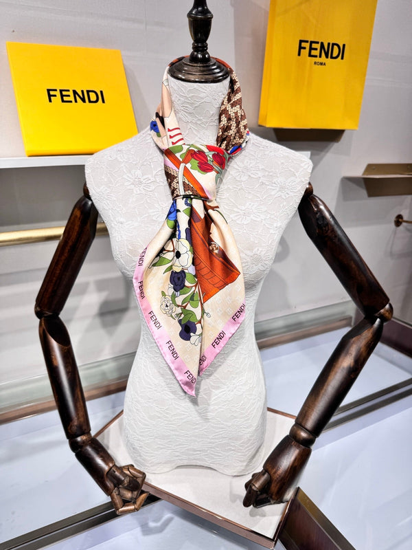 Foulard Fendi Gardening 90x90 Soie Sergée Rose Multicolore 204007