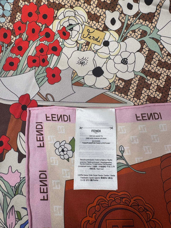 Foulard Fendi Gardening 90x90 Soie Sergée Rose Multicolore 204007