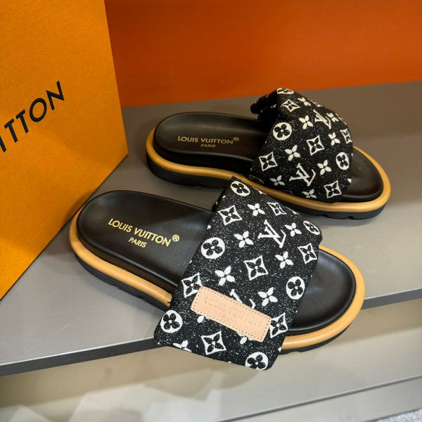 LV VELCRO SLIPPERS IN BLACK MIX WHITE MONOGRAM JACQUARD