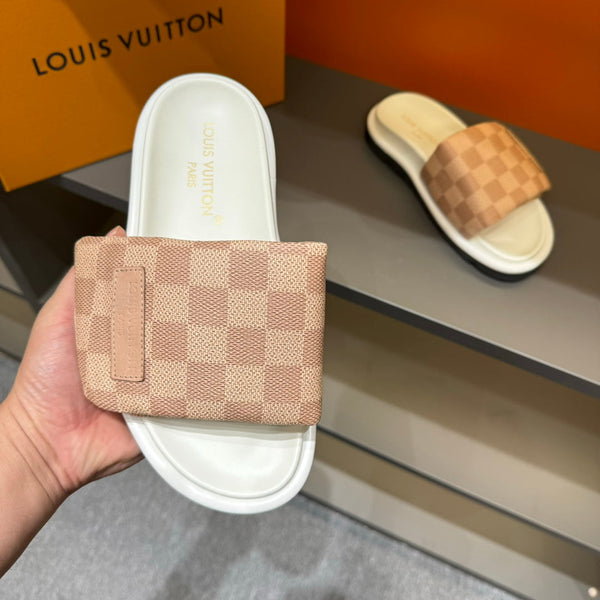LV VELCRO SLIPPERS DESERT SAND DAMIER MONOGRAM CALFSKIN