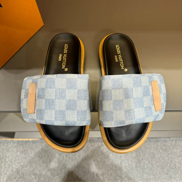 LV VELCRO SLIPPERS LIGHT BLUE DAMIER MONOGRAM JACQUARD