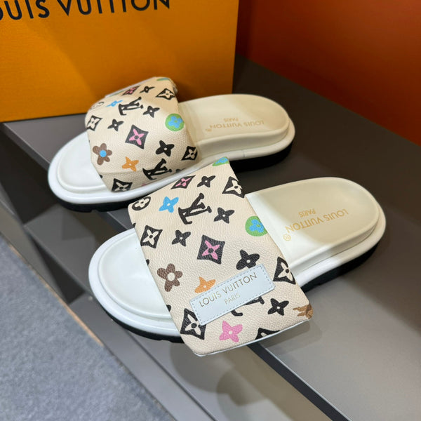 LV VELCRO SLIPPERS IN BEIGE CREAM MONOGRAM CALFSKIN