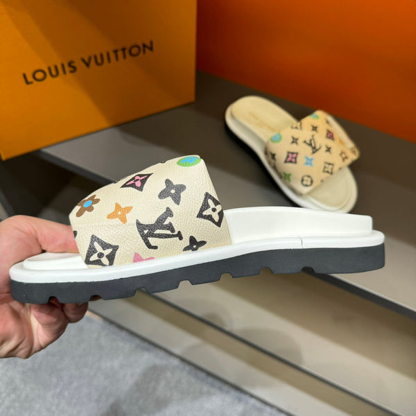 LV VELCRO SLIPPERS IN BEIGE CREAM MONOGRAM CALFSKIN
