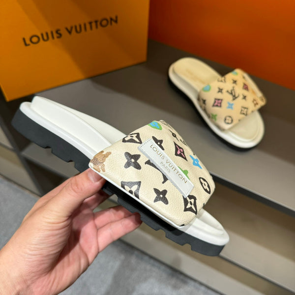 LV VELCRO SLIPPERS IN BEIGE CREAM MONOGRAM CALFSKIN