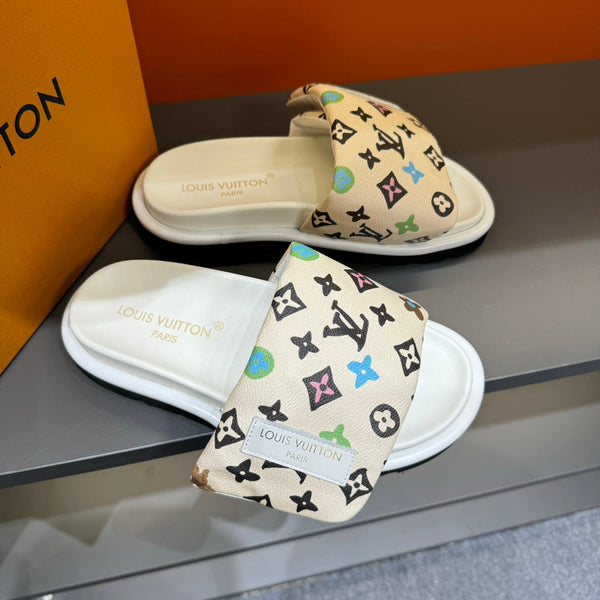 LV VELCRO SLIPPERS IN BEIGE CREAM MONOGRAM CALFSKIN