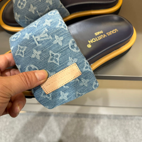 LV VELCRO SLIPPERS IN LIGHT BLUE MONOGRAM DENIM
