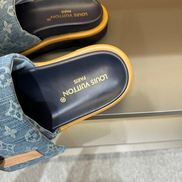 LV VELCRO SLIPPERS IN LIGHT BLUE MONOGRAM DENIM