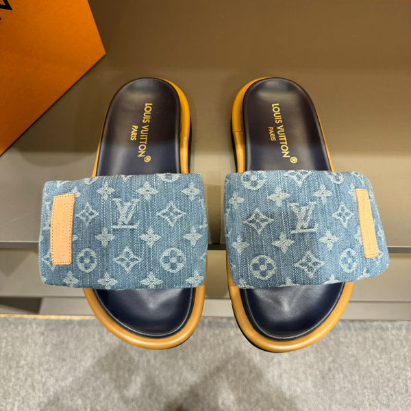 LV VELCRO SLIPPERS IN LIGHT BLUE MONOGRAM DENIM